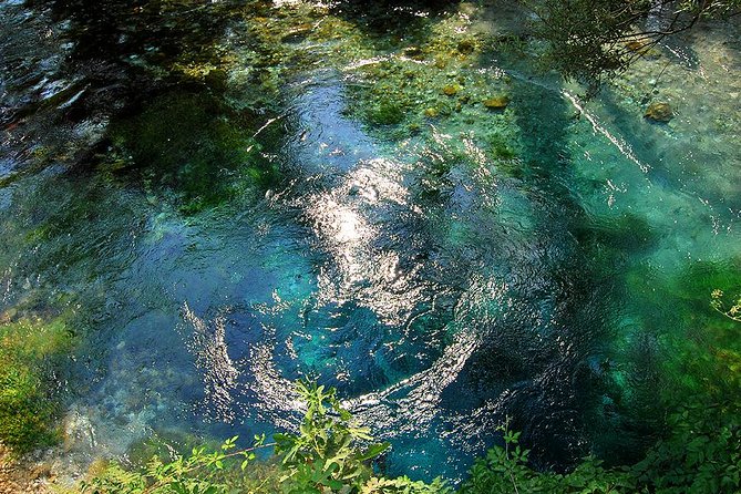 Explore Blue Eye- The Monument of Nature - At the spring: blue water, forest, and signs about swimming